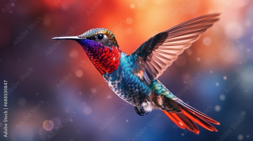 Obraz premium Colorful glossy blue and red metallic hummingbird, photography, bright background, and blurred