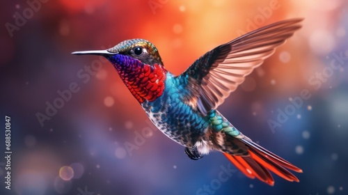 Colorful glossy blue and red metallic hummingbird, photography, bright background, and blurred © Matthew