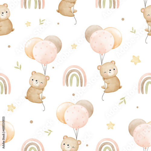 Seamless pattern bear with balloon Nursery Greeting card Clothing kids Fabric 