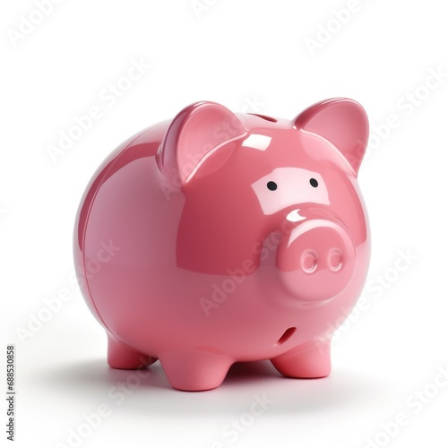 A pink piggy bank sitting on a white surface.