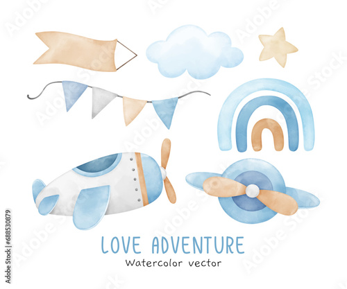 Watercolor adventure element for kids Nursery Birthday party © Luckycatarts