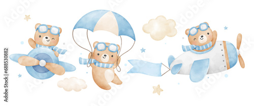 Watercolor baby bear  flying adventure Nursery kids Birthday party © Luckycatarts