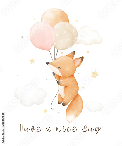 Watercolor cute fox with balloon Nursery kids Birthday Baby shower © Luckycatarts