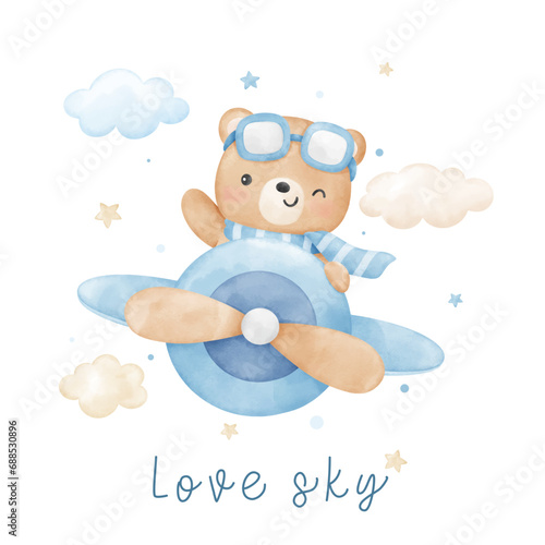 Watercolor baby bear flying on airplane Nursery kids Birthday