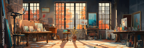 Interior of an artist's painter's studio illustration of a room with a view