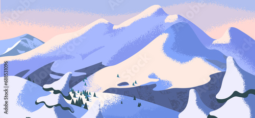 Winter mountain landscape. Rock range covered by snow, ice hill peak with pine trees. High downhill altitude, alps summit, snowy slope panorama. North nature view background. Flat vector illustration