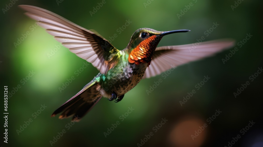 Fototapeta premium colorful glossy green and brown metallic hummingbird, photography, bright background, and blurred