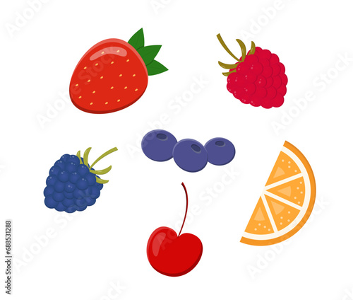 Berries and Orange for Dessert Topping Set. Collection of Summer Berries Cartoon Style.