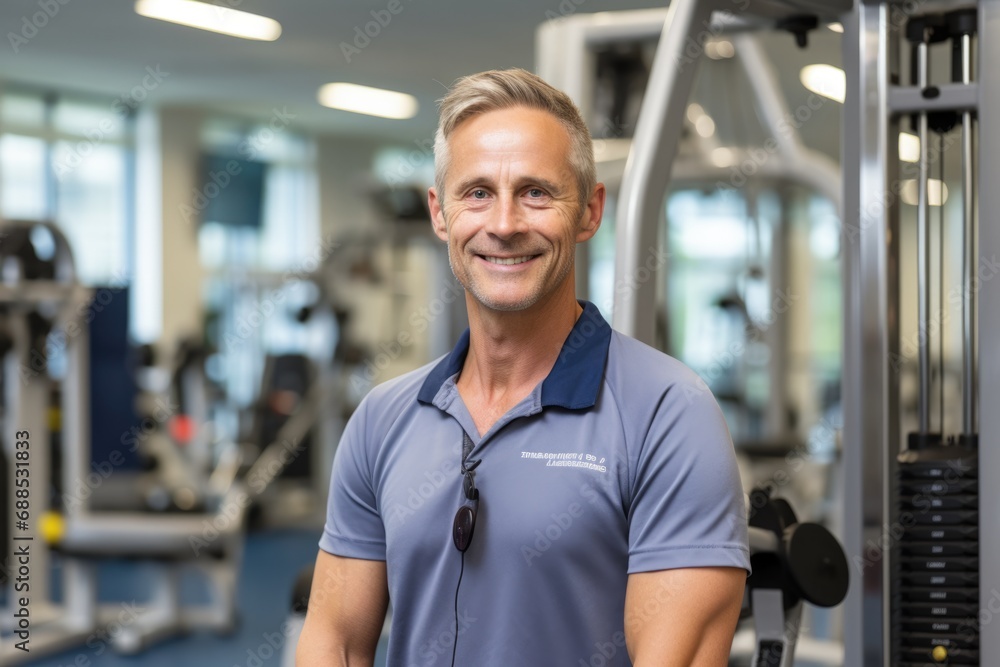 Experienced Physiatrist Focused on Patient Rehabilitation Using Cable Machine at Professional Gym Equipment Experienced Physiatrist Focused on Patient Rehabilitation Using Cable Machine at Professional Gym Equipment