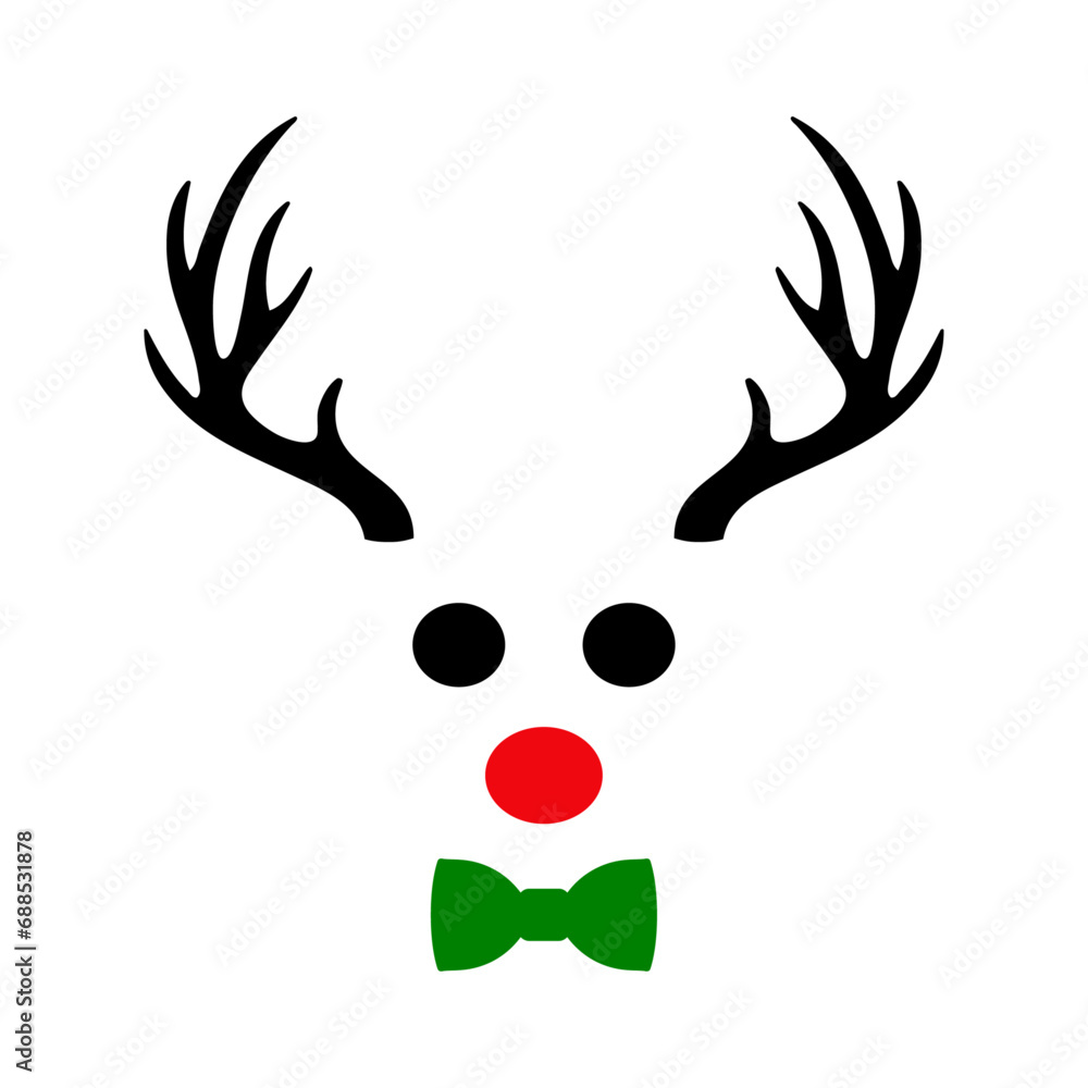 Obraz premium Tiempo de Navidad. Logo con reno Rudolph con hocico color rojo, astas y corbata de lazo para su uso en tarjetas y felicitaciones