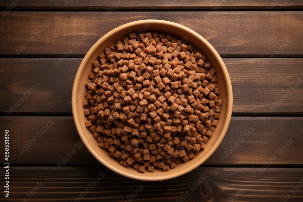 Close-up of Crunchy Dry Dog Food in Brown Bowl on Wooden Background - Canine Care Concept Close-up of Crunchy Dry Dog Food in Brown Bowl on Wooden Background - Canine Care Concept