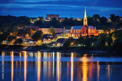 Frankfort, Kentucky Skyline on the River: Appalachian City Landscape with Night Church and Mountain Hills