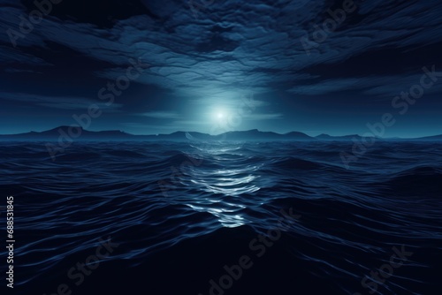 Dark Water Surfaces at Night. Abstract 3D Illustration of Rippled Ocean Waves in Moonlight