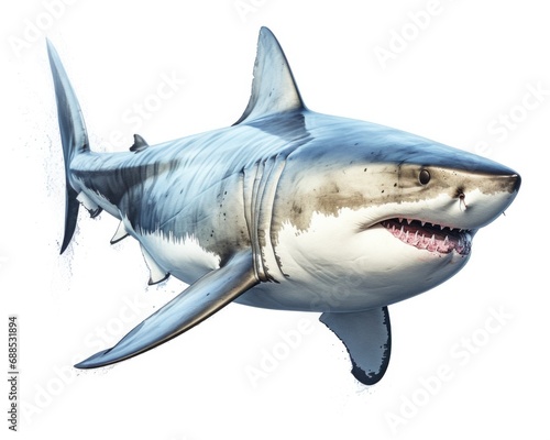 Great White Shark Isolated on Clear Background. Mighty Predator of the Ocean. Underwater Creature  White Fish and Sea Animal