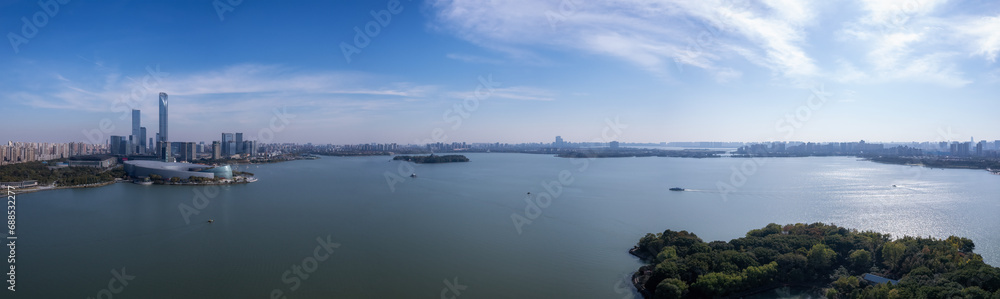 Aerial photography of the panoramic view of the city by Jinji Lake in Suzhou