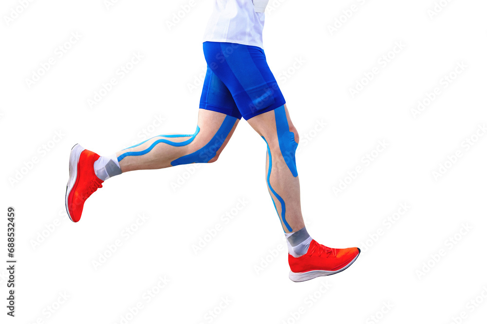 legs runner athlete in blue kinesiotaping on thigh, calf muscles and knees, isolated on transparent background