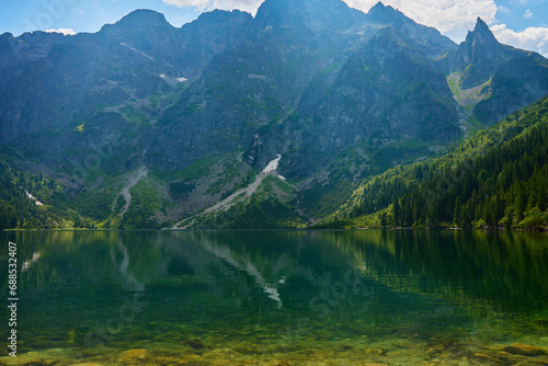 Amazing view on mountains range near beautiful lake at summer day. Tatra National Park in Poland. Panoramic view on Morskie Oko or Sea Eye lake in Five lakes valley