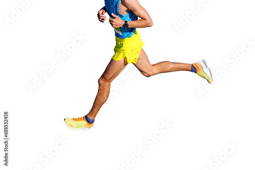 top view male runner running marathon race, isolated on transparent background, timer on athlete hand