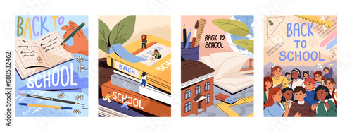 Welcome back to school posters set. Tiny kids with books. Stationeries for elementary education. Hand with pen above notebook. Pupils on lessons. Day of Knowledge concept. Flat vector illustrations