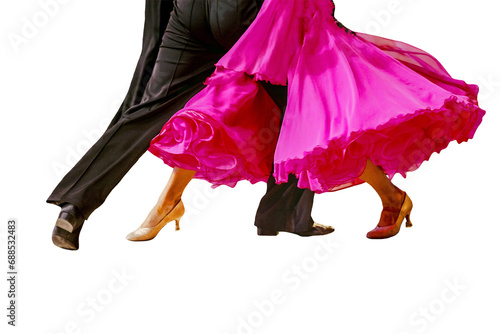 close-up part pink ball gown and and man black tail suit on dance floor isolated on transparent background photo
