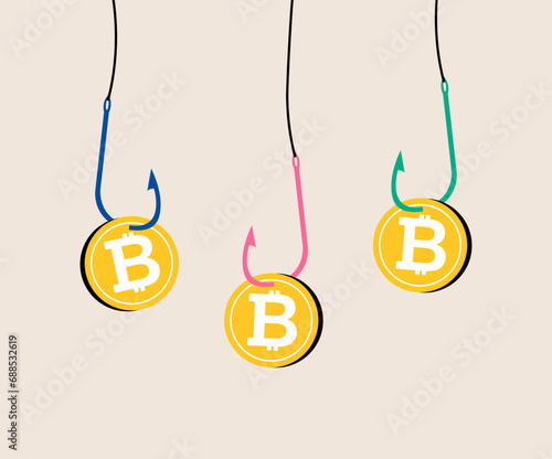 A crypto currency fraud concept. Bitcoin on a fishing hooks. Colorful vector illustration