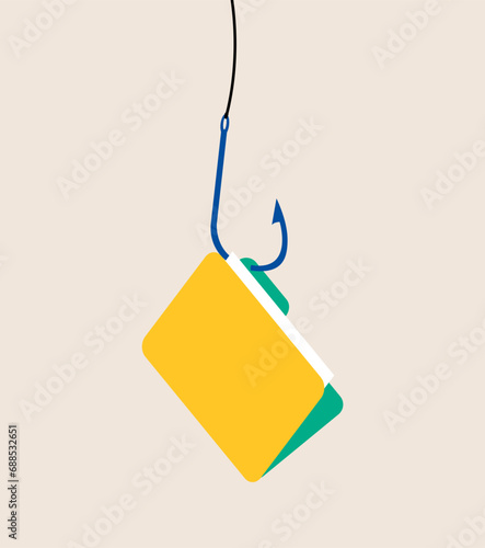 Data phishing hacking online scam concept, with file document hook. Colorful vector illustration