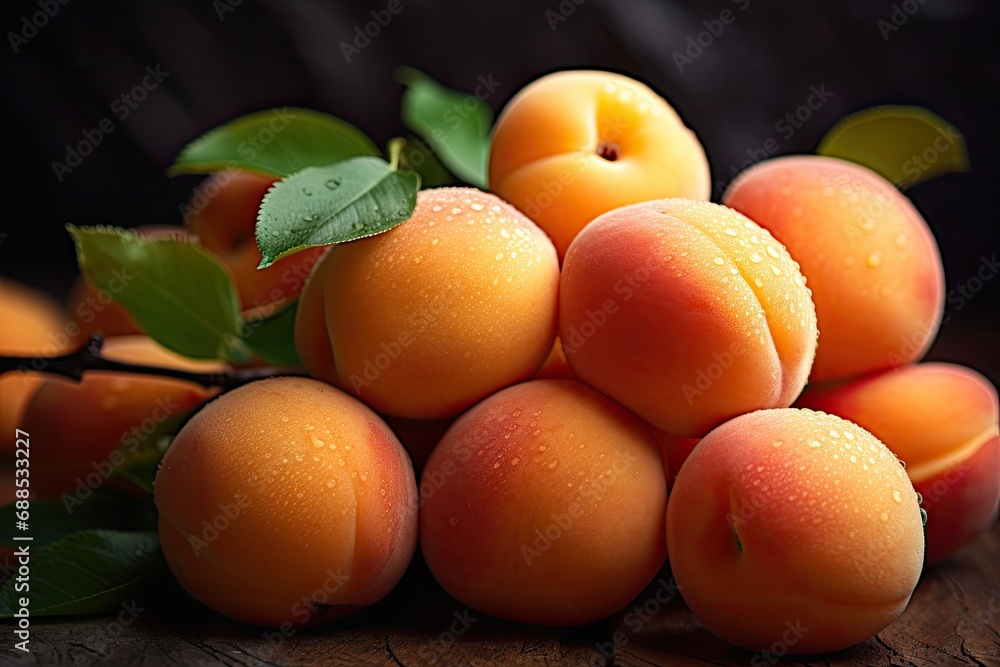 A group of wet, ripe apricots on a wooden table, showcasing their vibrant colors and freshness. A group of wet, ripe apricots on a wooden table, showcasing their vibrant colors and freshness.