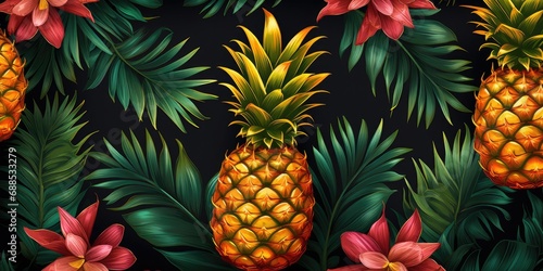 Fresh pineapple with leaves and pink flowers     tropical  healthy  and vibrant. A colorful  stylish concept for design.