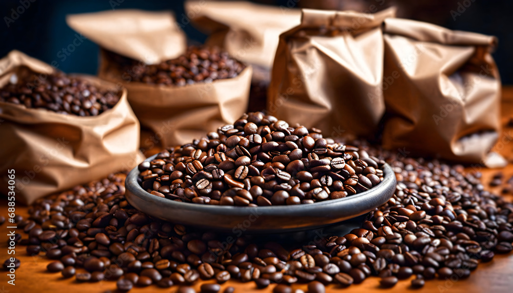 Roasted coffee seed in a container and coffee bags around Roasted coffee seed in a container and coffee bags around