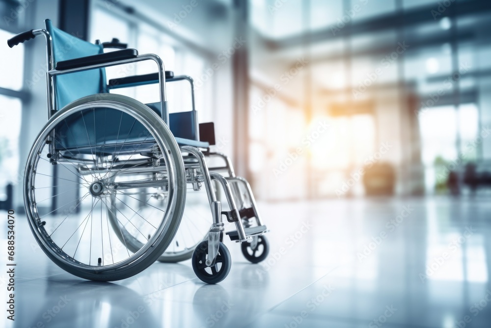 A wheel chair in a hospital hallway. A wheel chair in a hospital hallway.