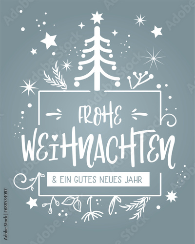 Kalligrafie frohe Weihnachten silberner Hintergrund - deutscher Text