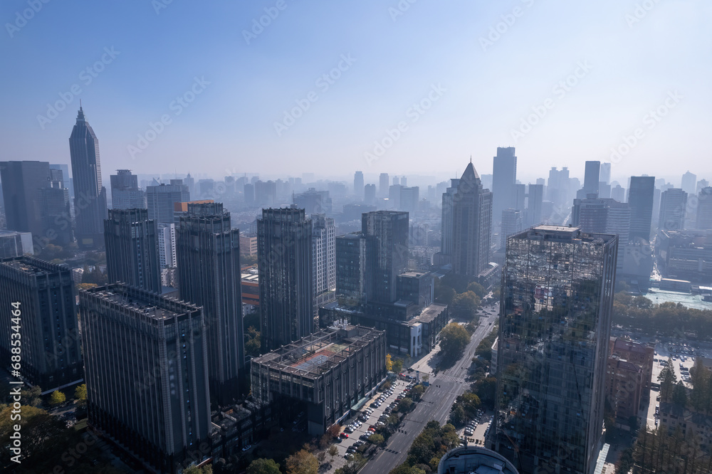 Aerial photography of street scenes in the center of Nanjing city