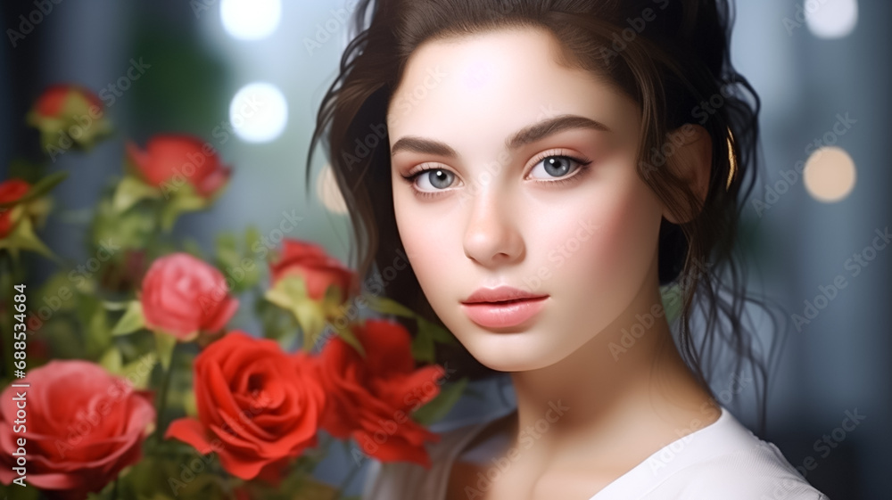 Closeup face of young beautiful woman with a healthy clean skin. Beautiful woman with bouquet red roses flowers. Pretty woman with bright makeup.

