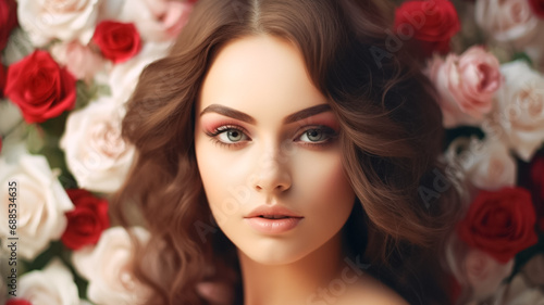 Beautiful woman with flowers. Stunning brunette girl with big bouquet flowers of roses.    © BlazingDesigns