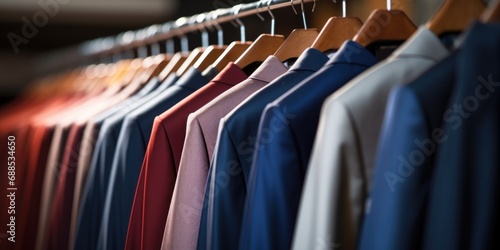 A row of men's shirts hanging on a rack. photo