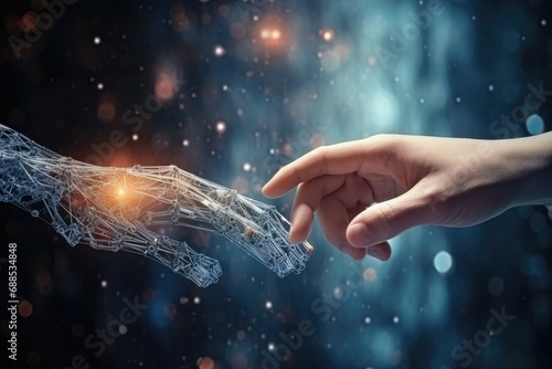Hands of human and artificial intelligence technology touching for big data network exchange. photo