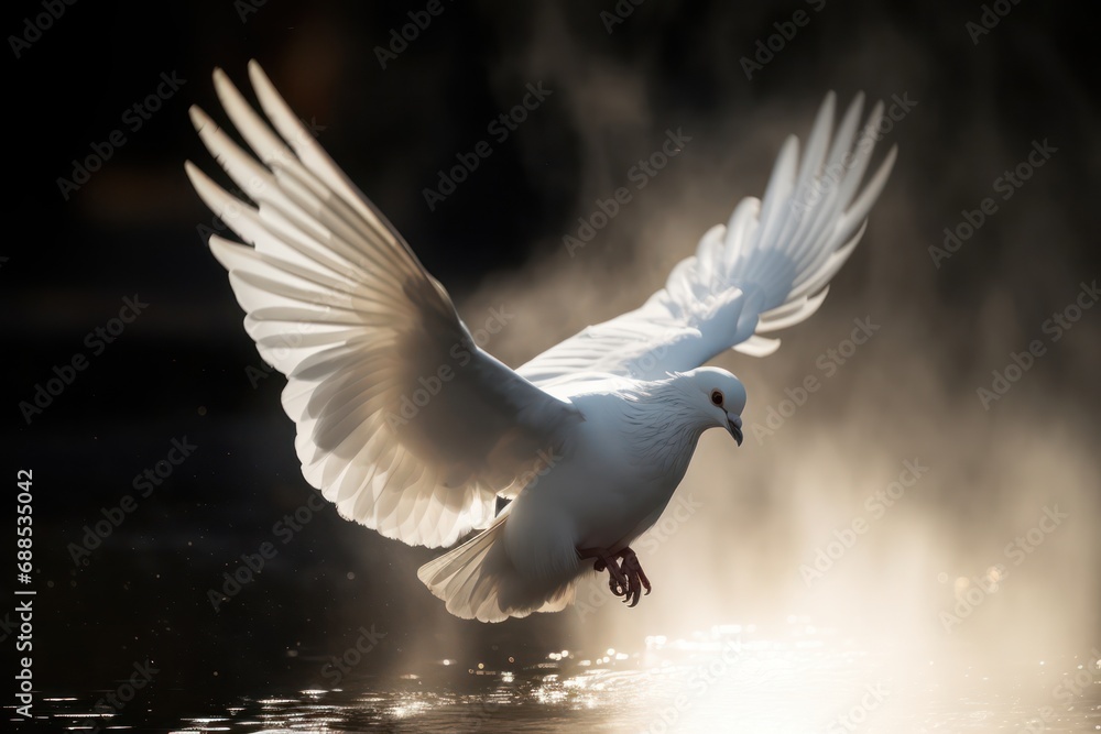 Obraz premium Photo of a white dove with a silhouette light background behind. Holy spirit photography