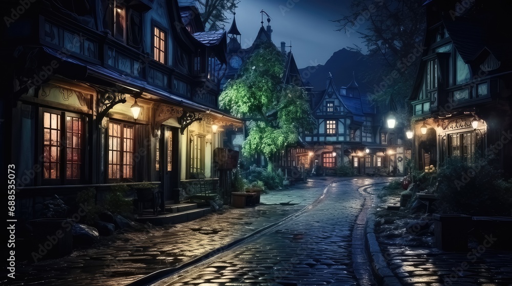Enchanting Nighttime Village. Cozy Lofi Architecture and Block Print Style with Railway Station and Shops
