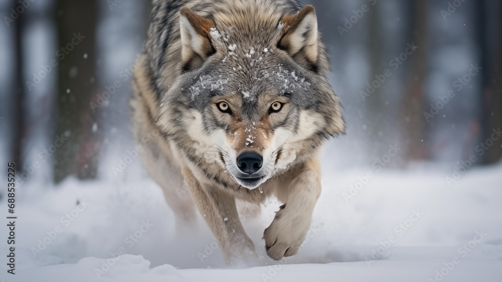 Arctic gray wolf lunging for its prey Arctic gray wolf lunging for its prey