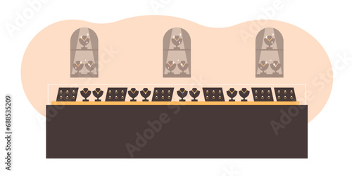 Showcase of luxury jewelry shop flat style, vector illustration