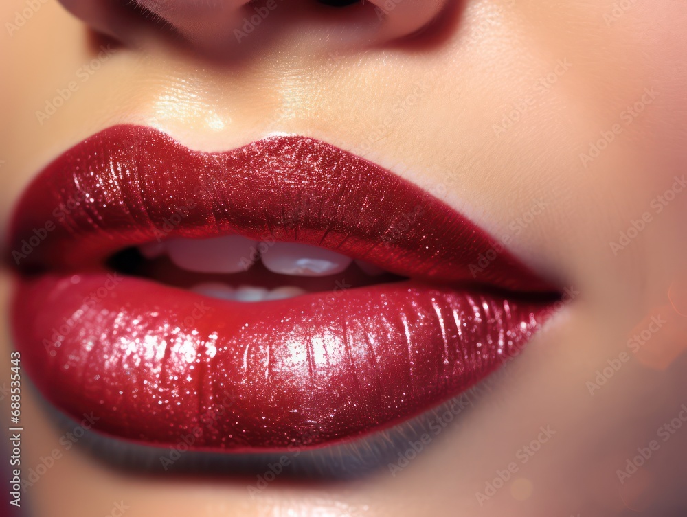 Obraz premium Close-up of a girl's lips, wearing lipstick and glitter. suitable for advertising cosmetics and lip care.