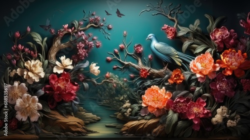Enchanting Forest Wallpaper. Nature-inspired Landscape with Arch  Plants  Birds  and Butterflies for Interior Murals