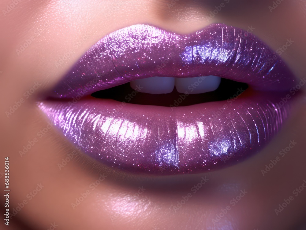 Obraz premium Close-up of a girl's lips, wearing lipstick and glitter. suitable for advertising cosmetics and lip care.