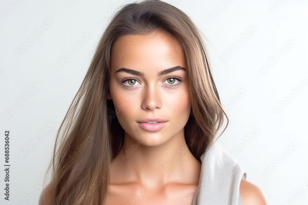 beautiful young woman with tanned skin long brown hair and green eyes portrait photography white background, Generative AI beautiful young woman with tanned skin long brown hair and green eyes portrait photography white background, Generative AI
