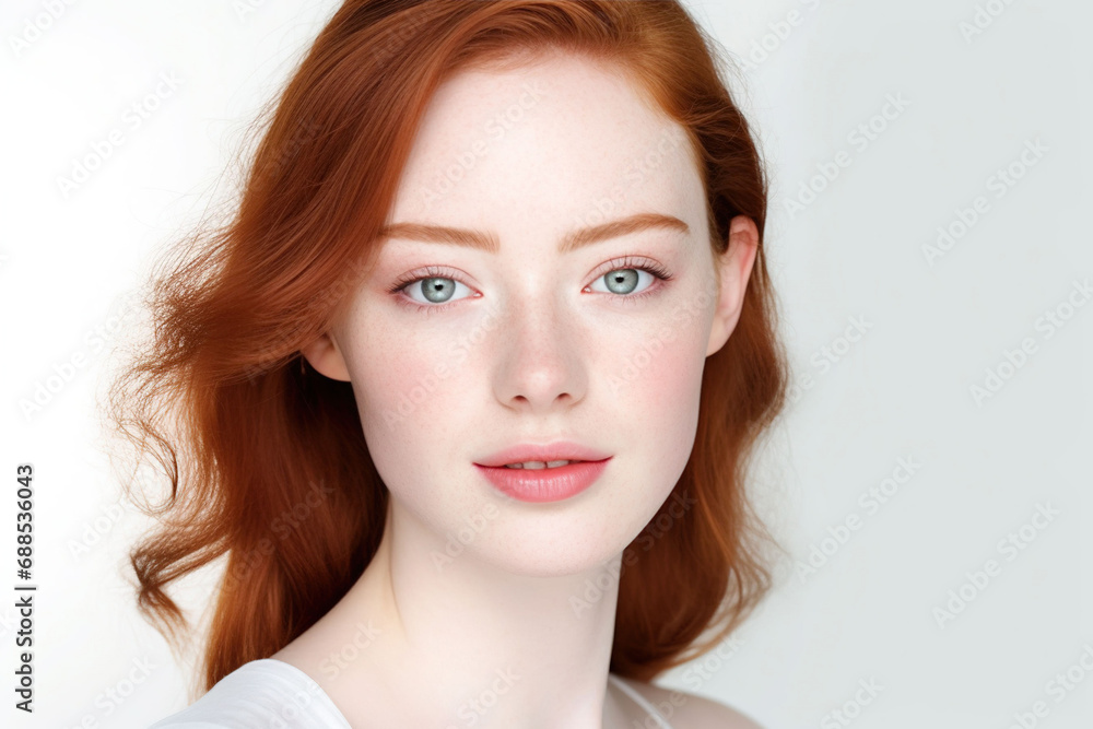 beautiful young woman with pale skin and ginger hair no make up cosmetics advertising white background, Generative AI beautiful young woman with pale skin and ginger hair no make up cosmetics advertising white background, Generative AI