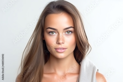 beautiful young woman with tanned skin long brown hair and green eyes portrait photography white background, Generative AI