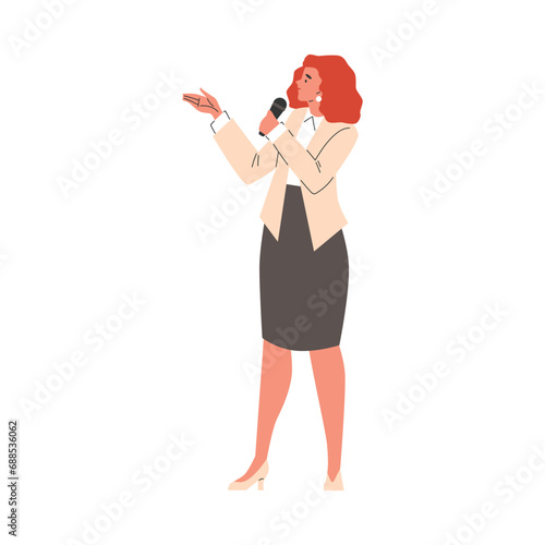 Woman with microphone, vector illustration isolated on white background