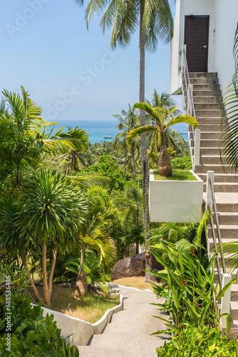 Tropical quiet private resort villa on hill with fresh lush tropical greenery, palms and plants in garden and staircases upward