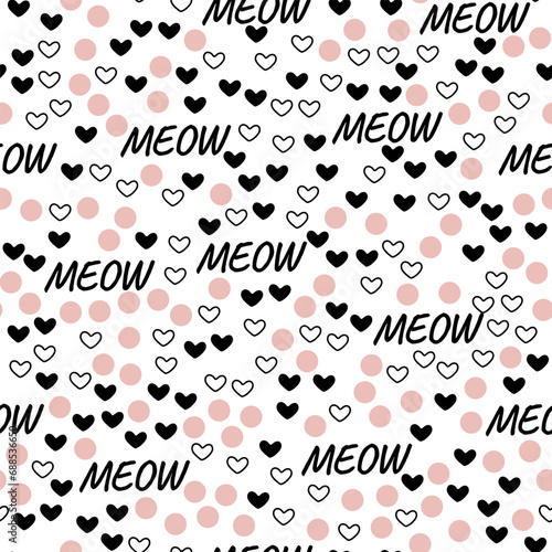 Hand drawn vector cat seamless pattern of meow and hearts