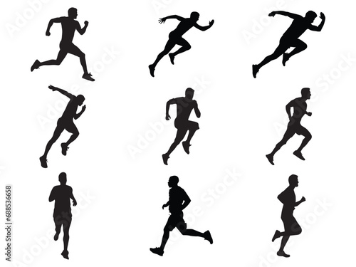 Run, set of running people, isolated vector silhouettes. Group of men